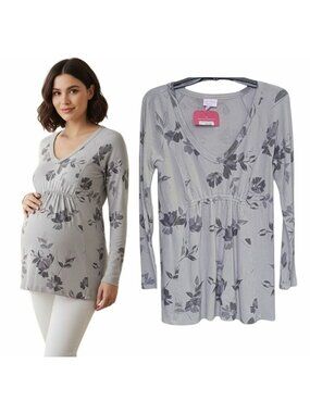 NEW Sz XS Ingrid & Isabel Maternity Women's Waffle Knit Top Shirt Gray Floral LS